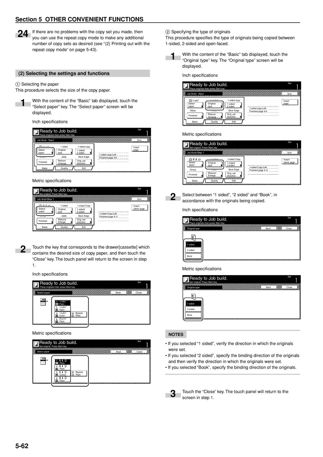 Kyocera 3035 Selecting the settings and functions, Contains the desired size of copy paper, and then touch, Original type 