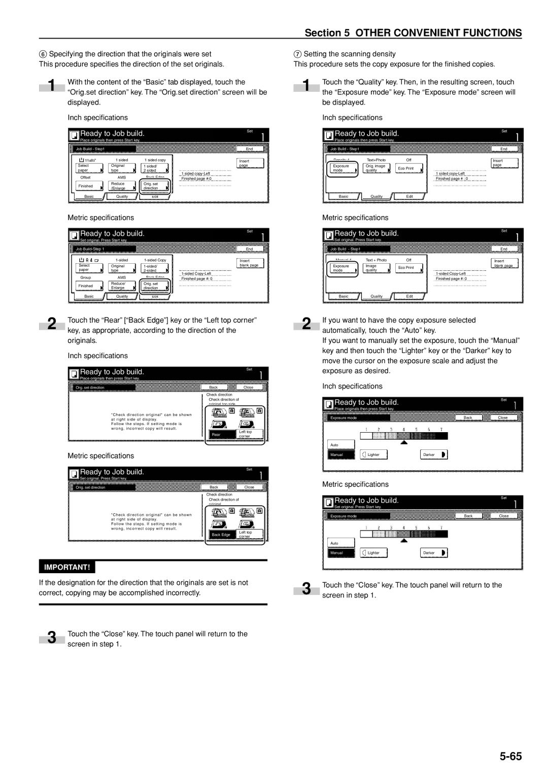 Kyocera 3035 manual Originals Inch specifications, Set original. Press Start key Job Build 