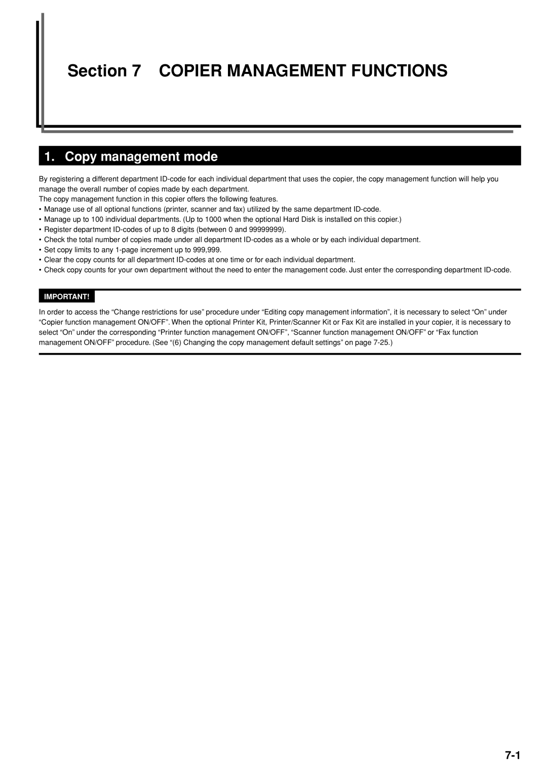 Kyocera 3035 manual Copier Management Functions, Copy management mode 