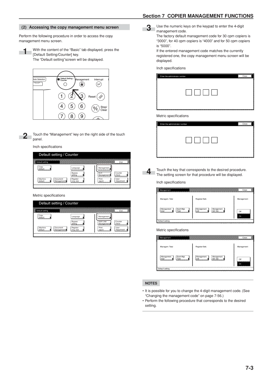 Kyocera 3035 Accessing the copy management menu screen, Default setting / Counter, Enter the administrator number Close 