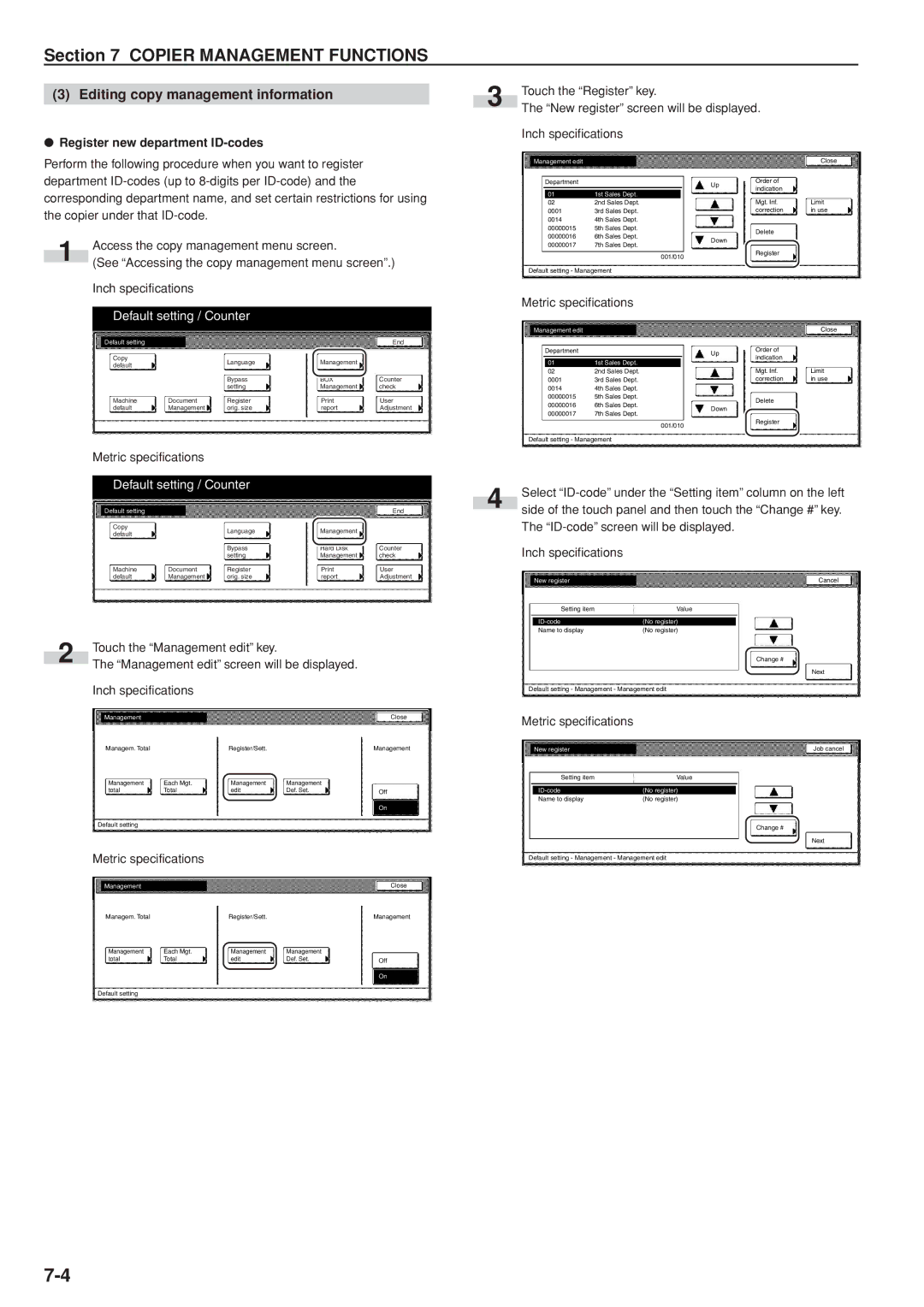 Kyocera 3035 manual Editing copy management information, Register new department ID-codes 