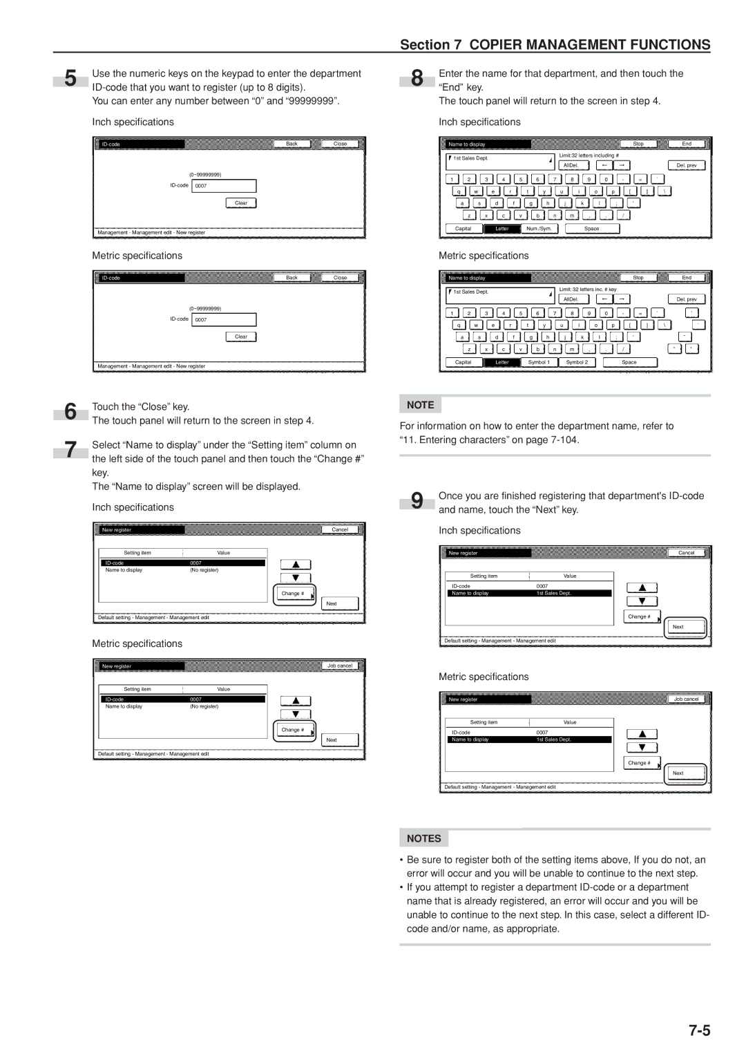 Kyocera 3035 manual ID-code 0007, Name to display 1st Sales Dept 