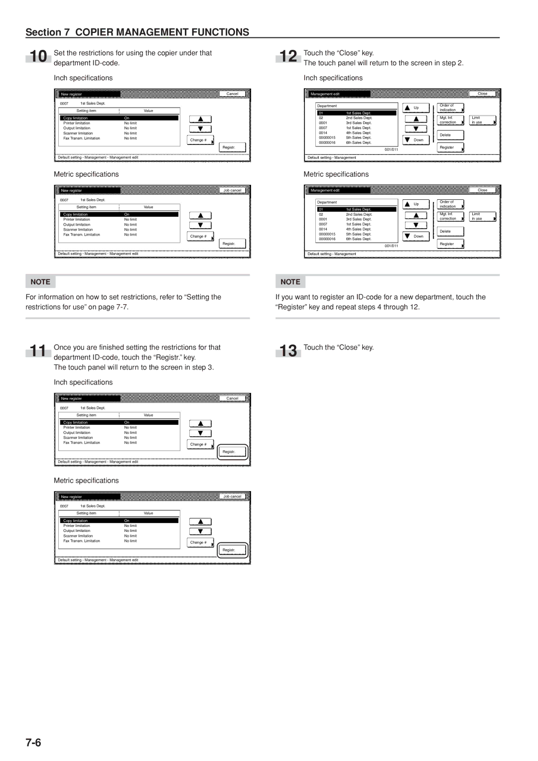 Kyocera 3035 manual Department ID-code Inch specifications, Touch the Close key, Copy limitation 