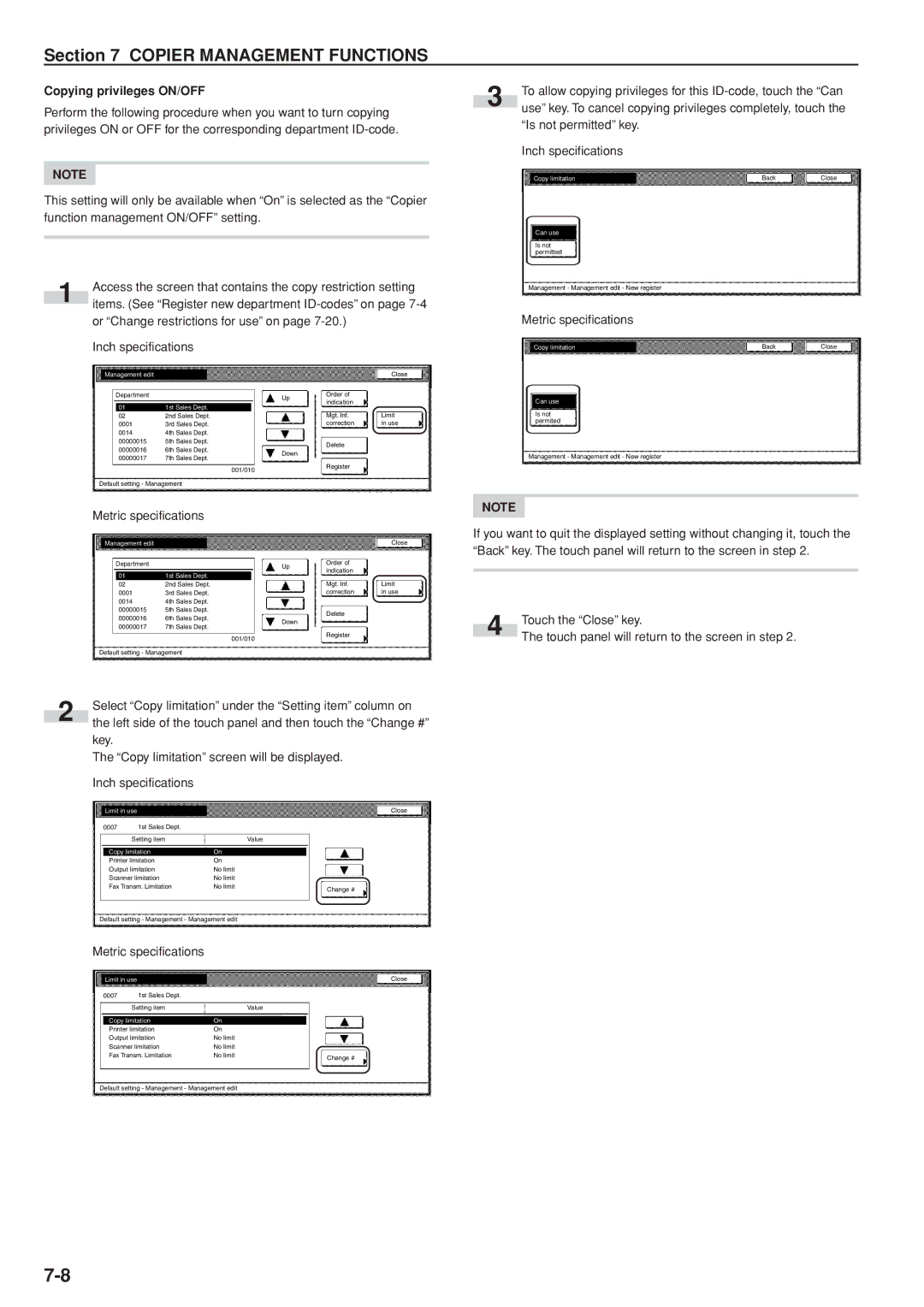 Kyocera 3035 manual Copying privileges ON/OFF, Or Change restrictions for use on Inch specifications, Can use, Limit in use 