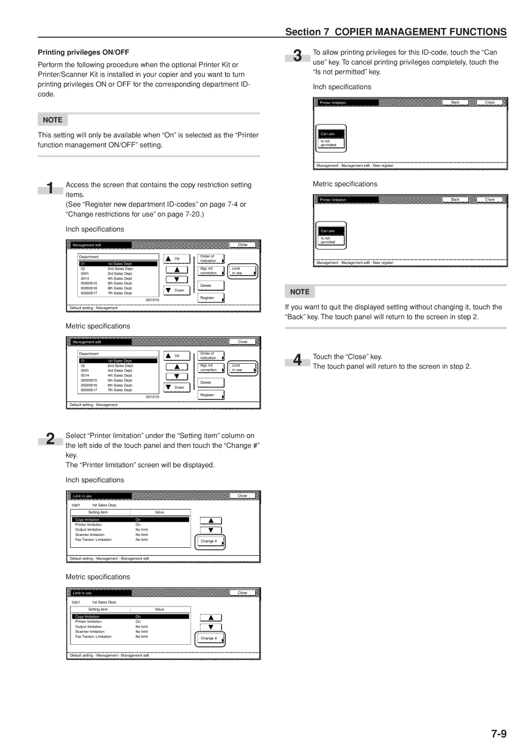 Kyocera 3035 manual Printing privileges ON/OFF, Printer limitation 