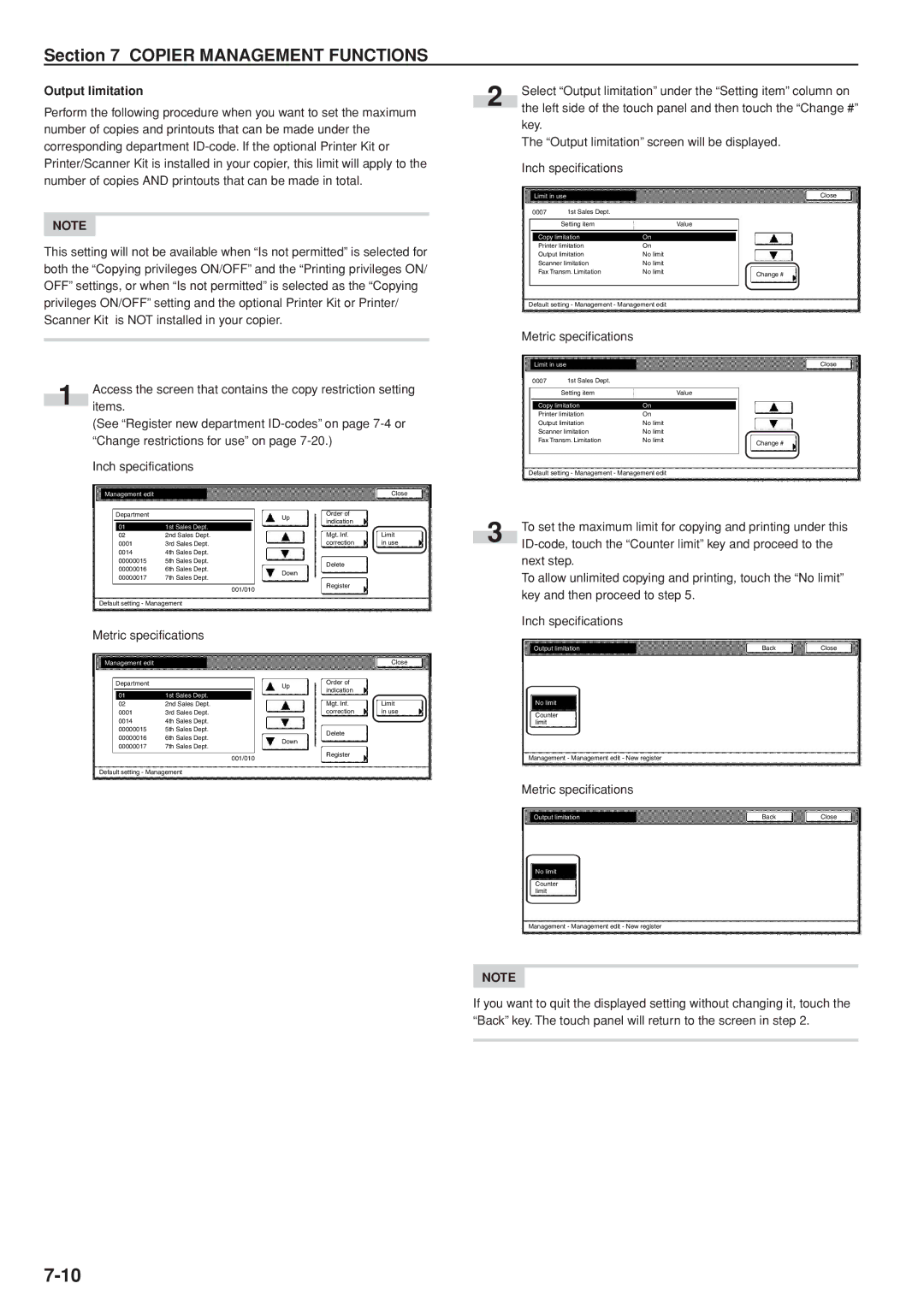 Kyocera 3035 manual Output limitation, ID-code, touch the Counter limit key and proceed to, Next step 