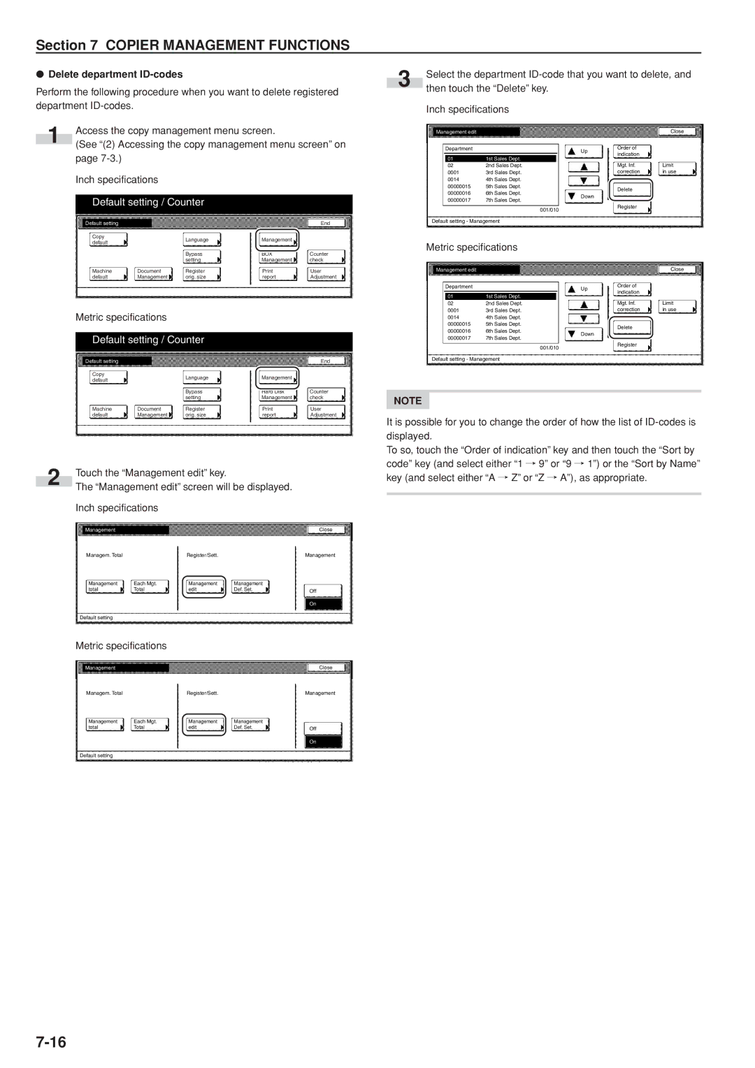 Kyocera 3035 manual Delete department ID-codes, Default setting / Counter 