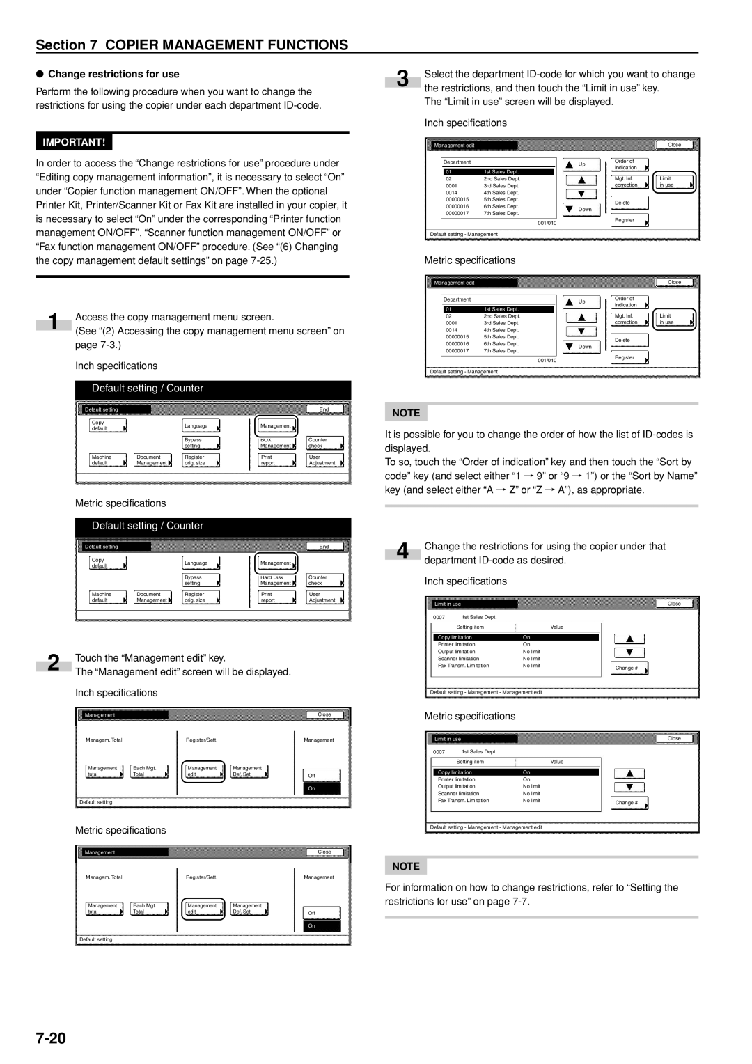 Kyocera 3035 manual Change restrictions for use, Limit in use screen will be displayed Inch specifications 