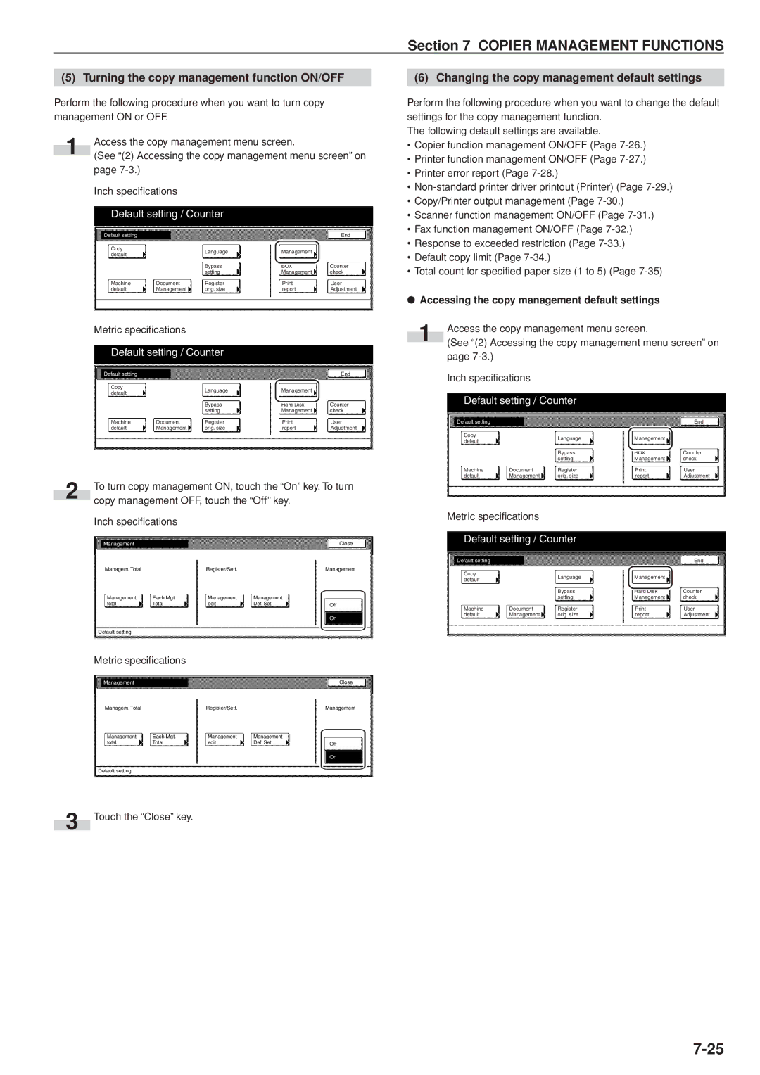 Kyocera 3035 manual Turning the copy management function ON/OFF, Changing the copy management default settings 