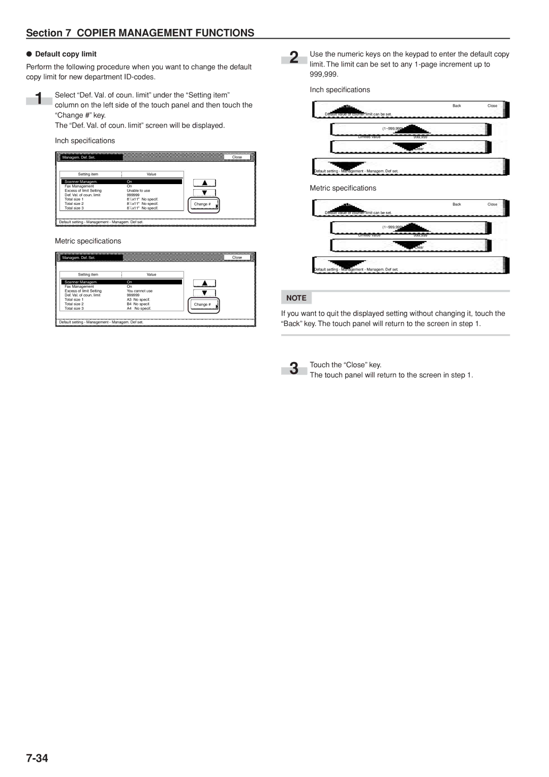 Kyocera 3035 manual Default copy limit, Def. Val. of coun. limit 