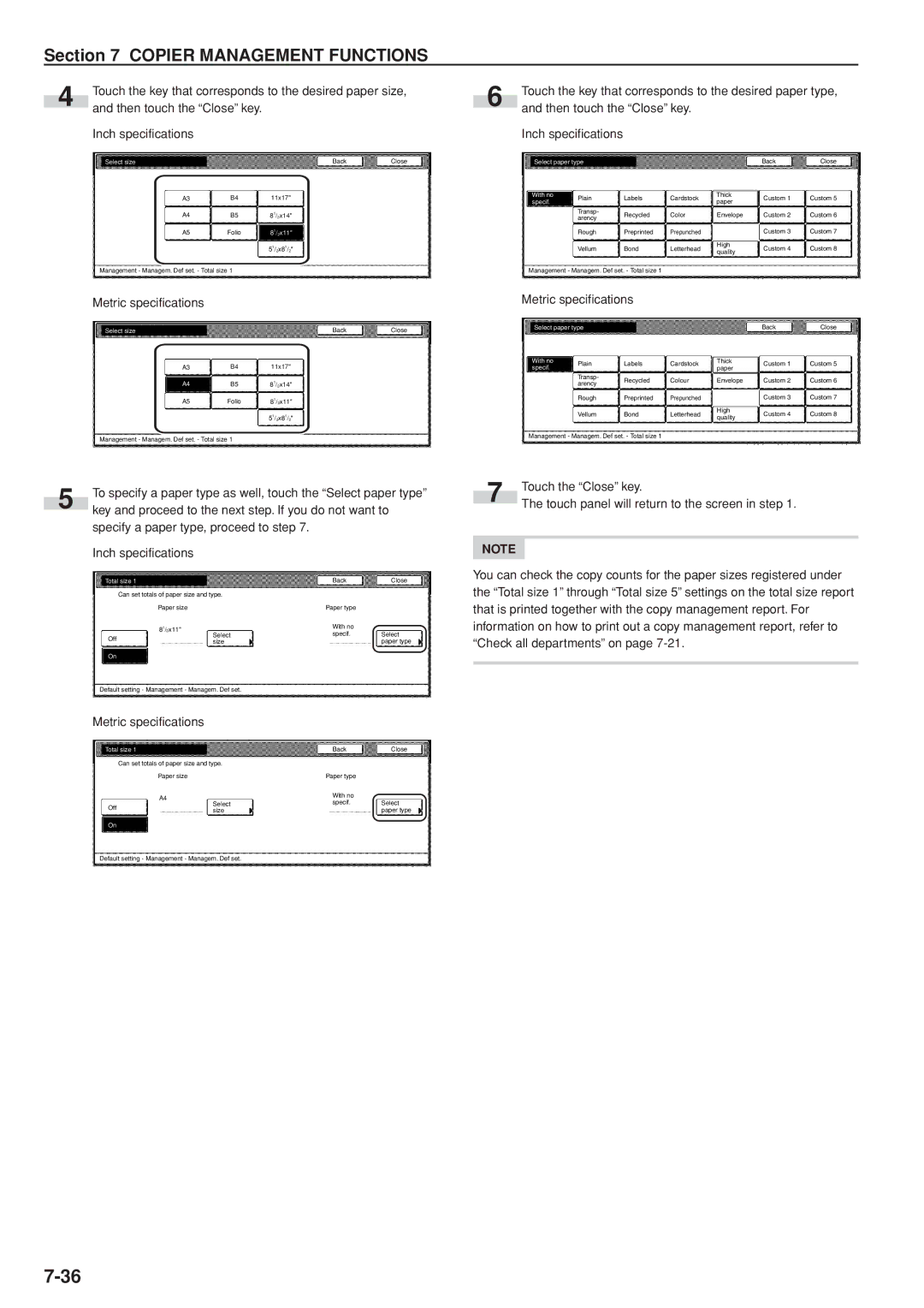 Kyocera 3035 manual Specify a paper type, proceed to step Inch specifications, Select size, Select paper type, With no 