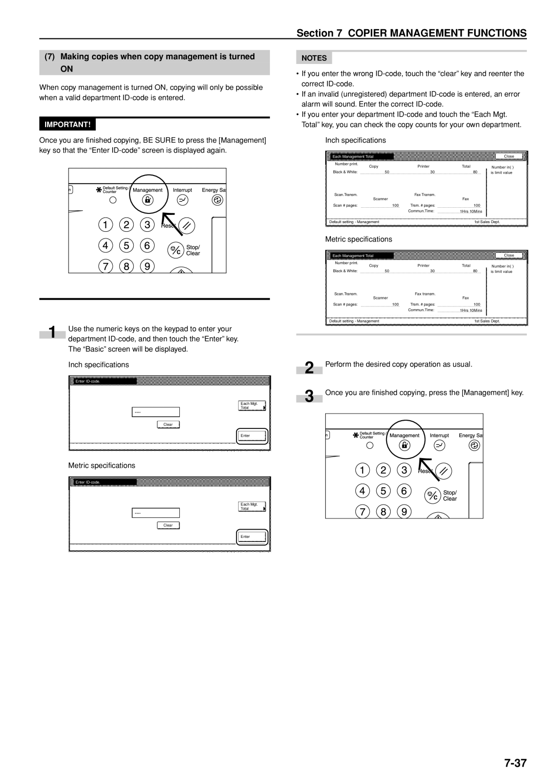 Kyocera 3035 manual Making copies when copy management is turned, Enter ID-code 