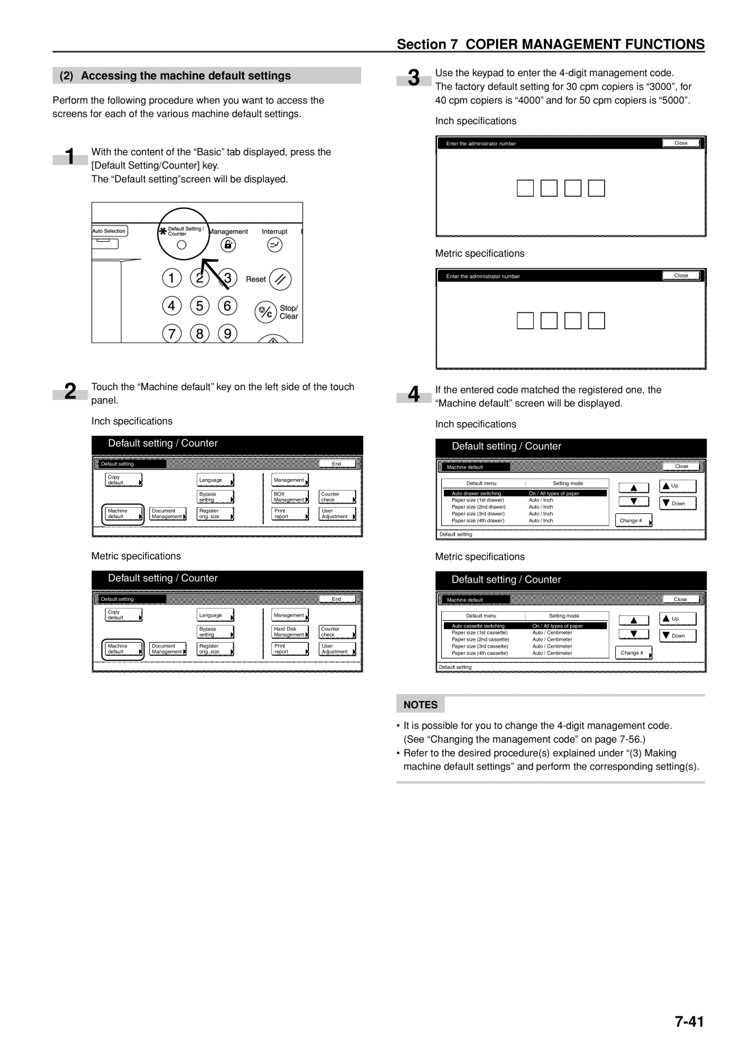 Kyocera 3035 manual Accessing the machine default settings, Machine default, Auto drawer switching On / All types of paper 