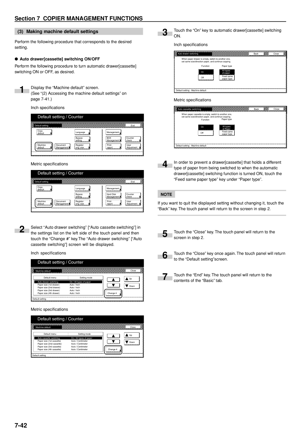 Kyocera 3035 manual Making machine default settings, Auto drawercassette switching ON/OFF, Auto cassette switching 