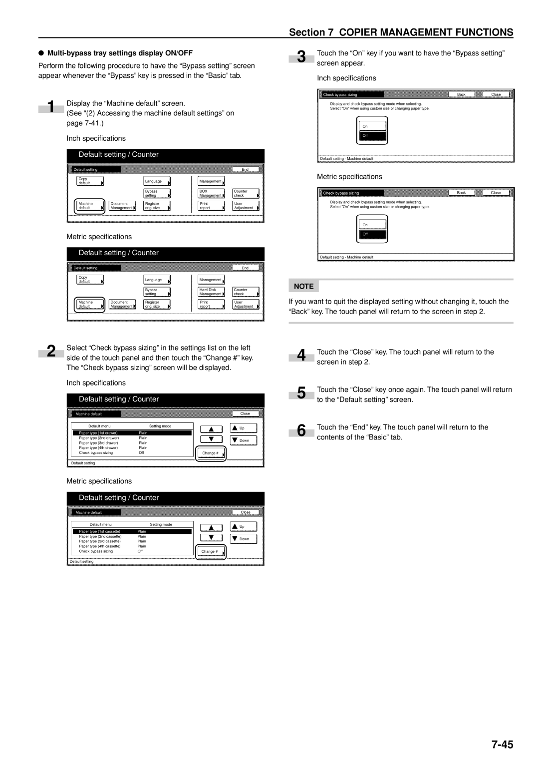 Kyocera 3035 manual Multi-bypass tray settings display ON/OFF, Check bypass sizing 