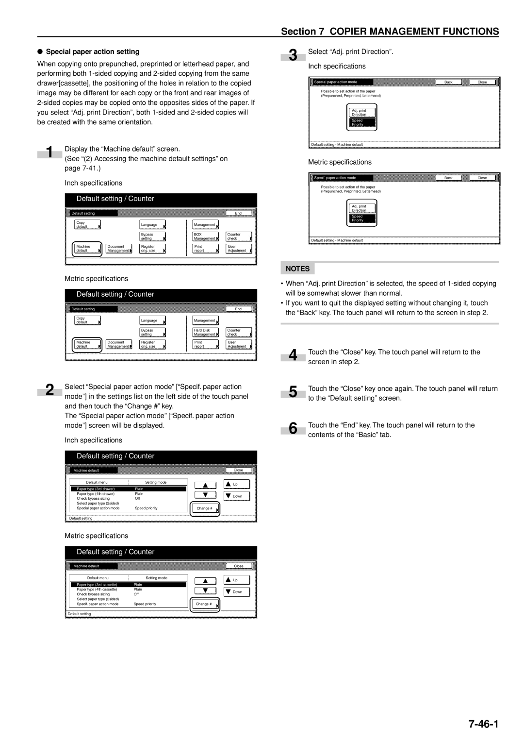 Kyocera 3035 manual Special paper action setting, Select Adj. print Direction Inch specifications 