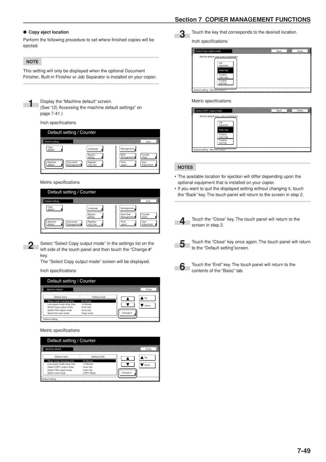 Kyocera 3035 manual Copy eject location, Select Copy output mode, Inner tray 