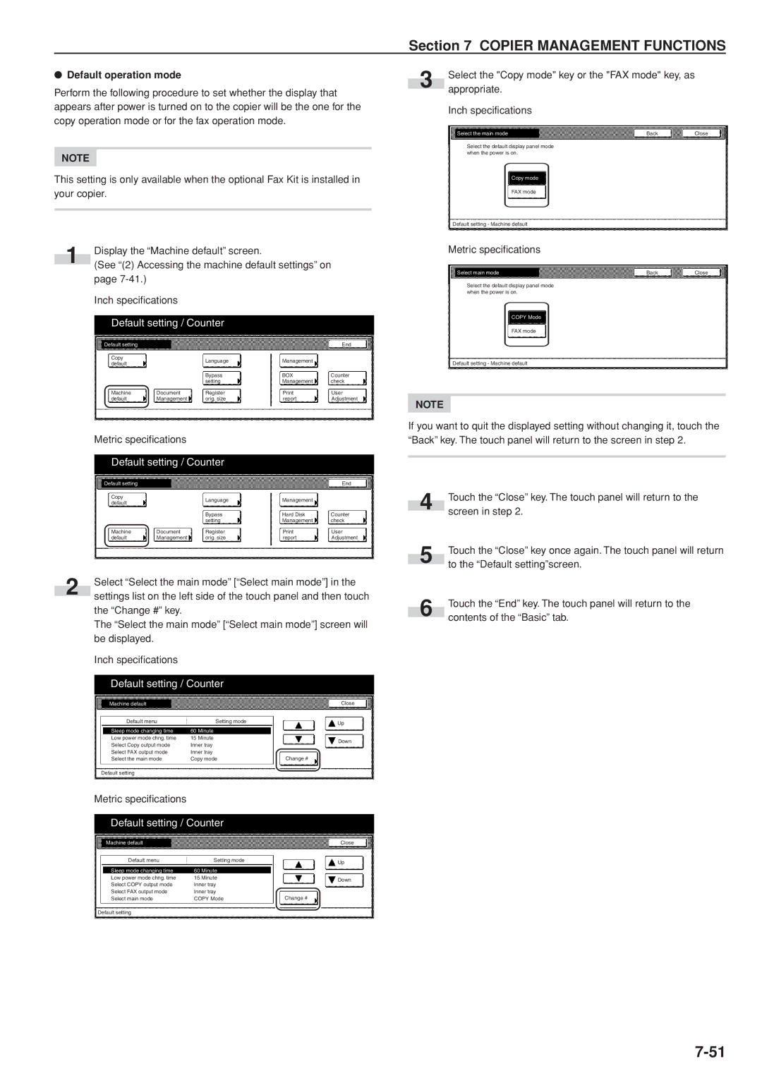 Kyocera 3035 manual Default operation mode, Select the main mode, Copy mode, Select main mode 