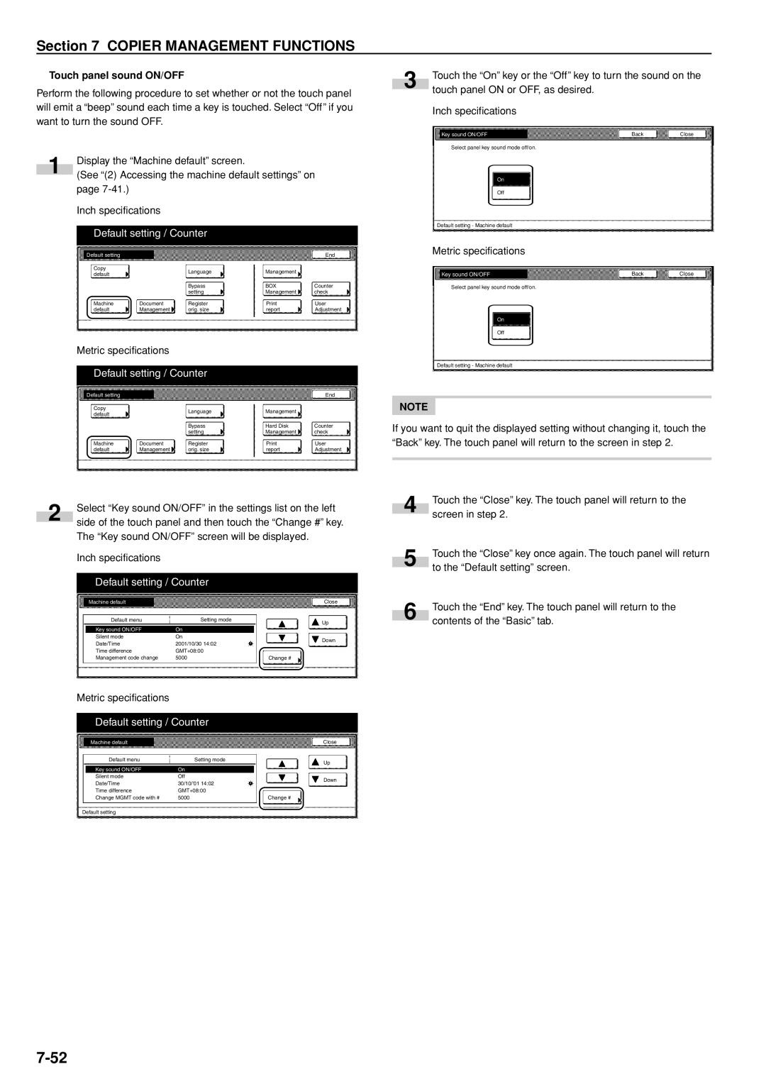 Kyocera 3035 manual Touch panel sound ON/OFF, Key sound ON/OFF 