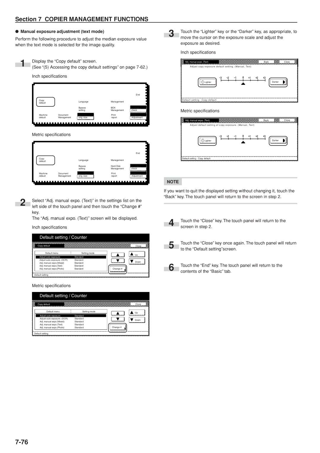 Kyocera 3035 Manual exposure adjustment text mode, Adj. manual expo. Text 