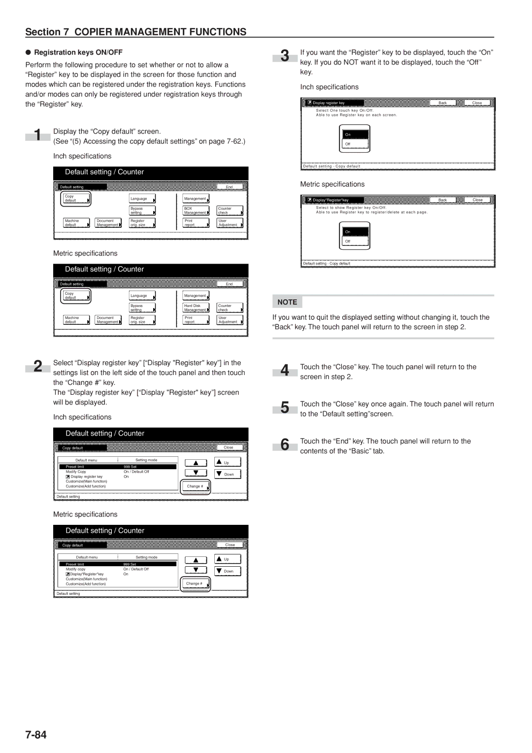 Kyocera 3035 manual Registration keys ON/OFF, Key Inch specifications, DisplayRegisterkey, Display register key 