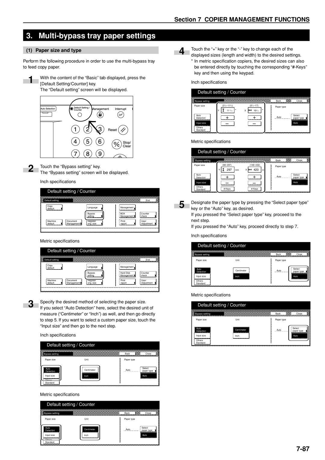 Kyocera 3035 manual Multi-bypass tray paper settings, Paper size and type, Bypass setting 