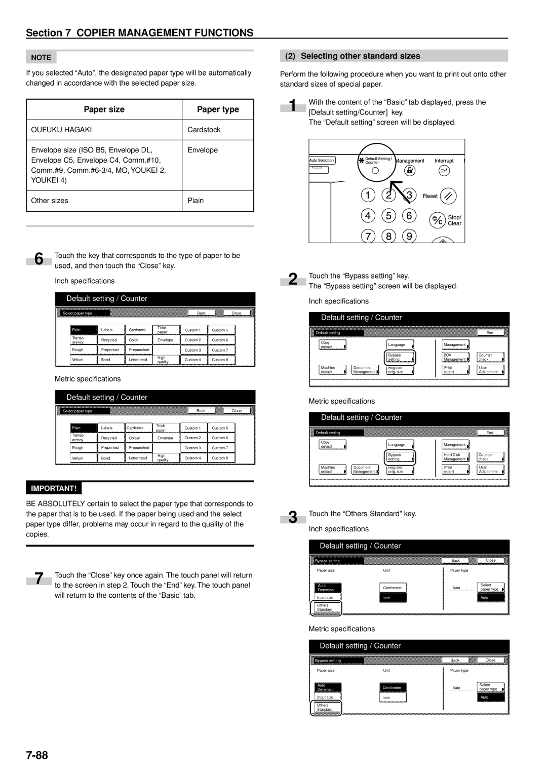 Kyocera 3035 manual Paper size Paper type, Selecting other standard sizes, Cardstock, Auto Centimeter Detection 