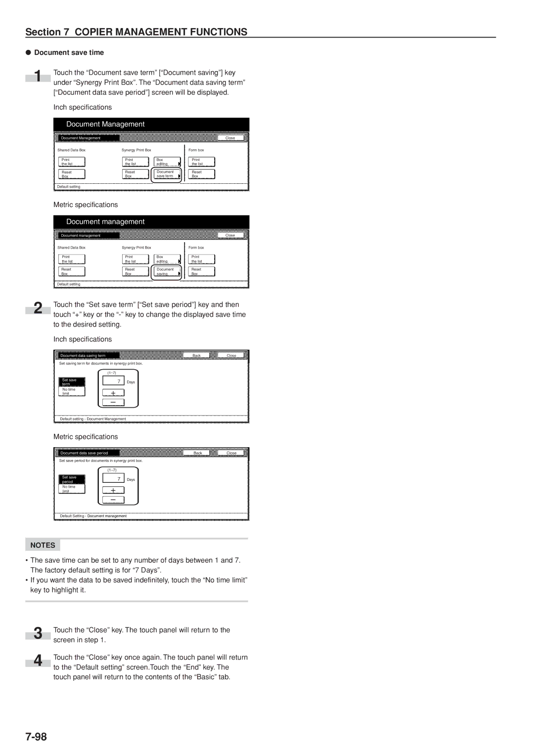 Kyocera 3035 manual To the desired setting. Inch specifications, Document data save period 