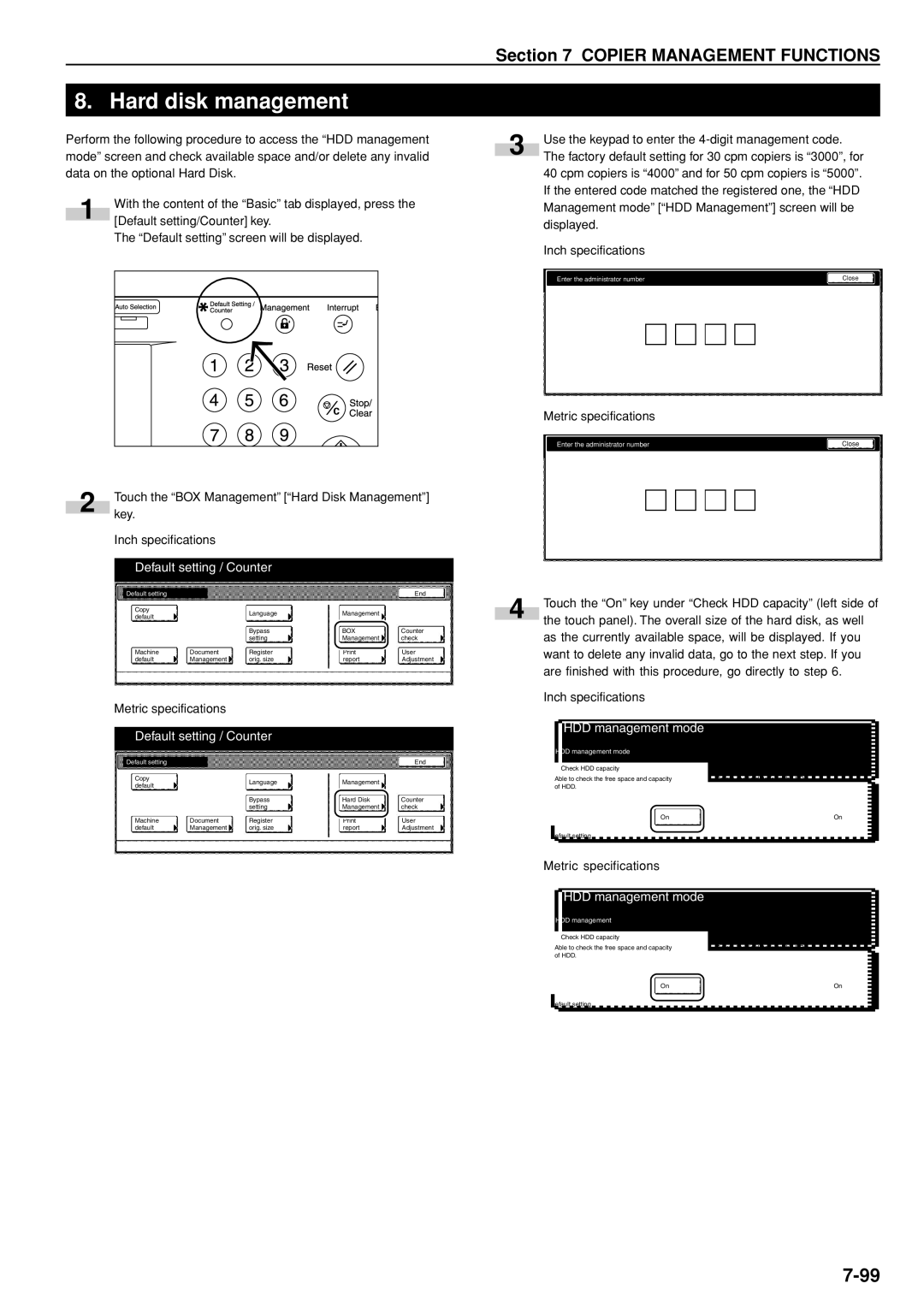 Kyocera 3035 manual Hard disk management, HDD management mode 