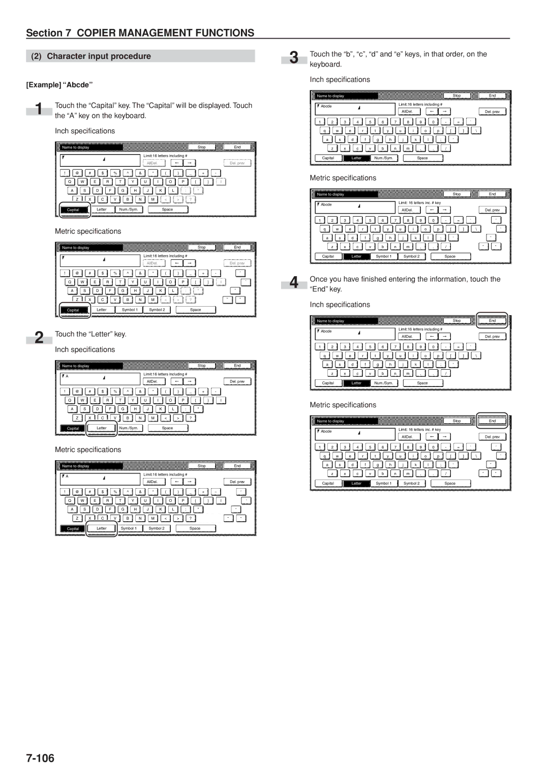 Kyocera 3035 manual Character input procedure, Example ÒAbcdeÓ, Touch the Letter key Inch specifications 