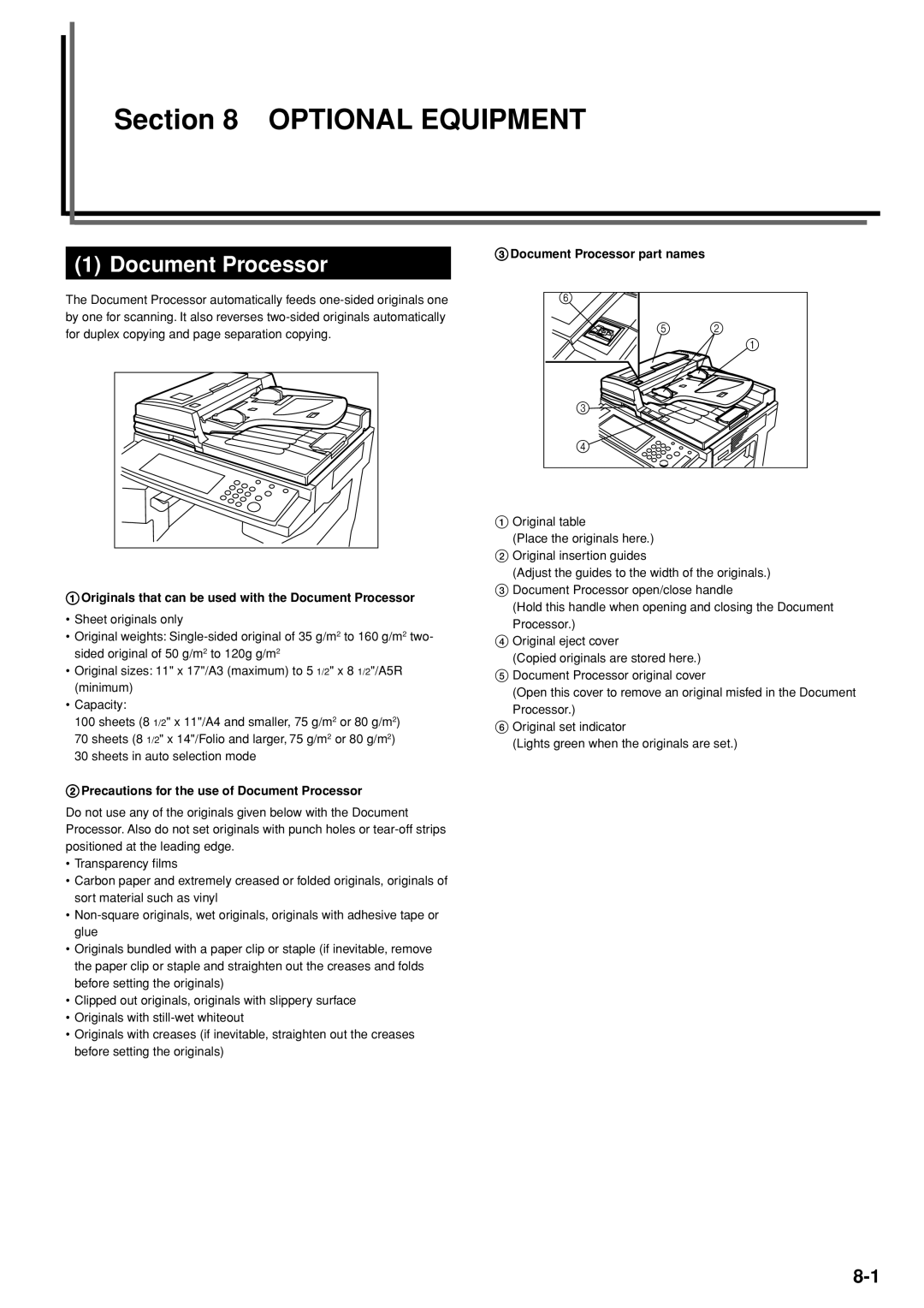 Kyocera 3035 Originals that can be used with the Document Processor, Precautions for the use of Document Processor 