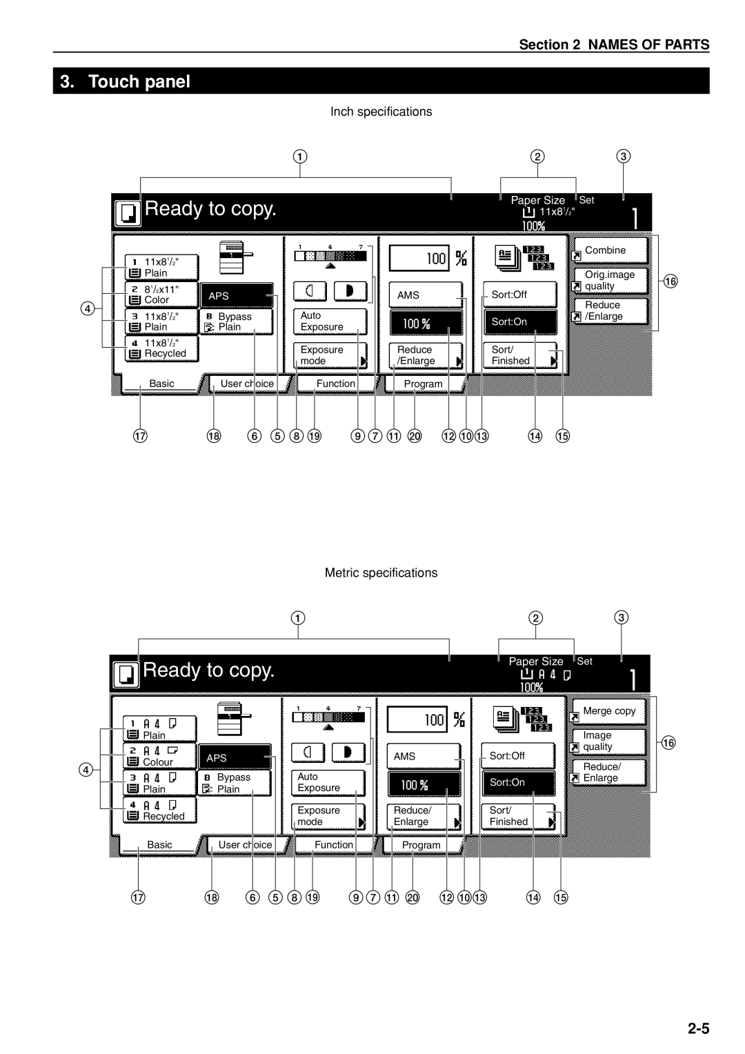 Kyocera 3035 manual Touch panel, Paper Size Set 11x8 1, SortOnEnlarge 