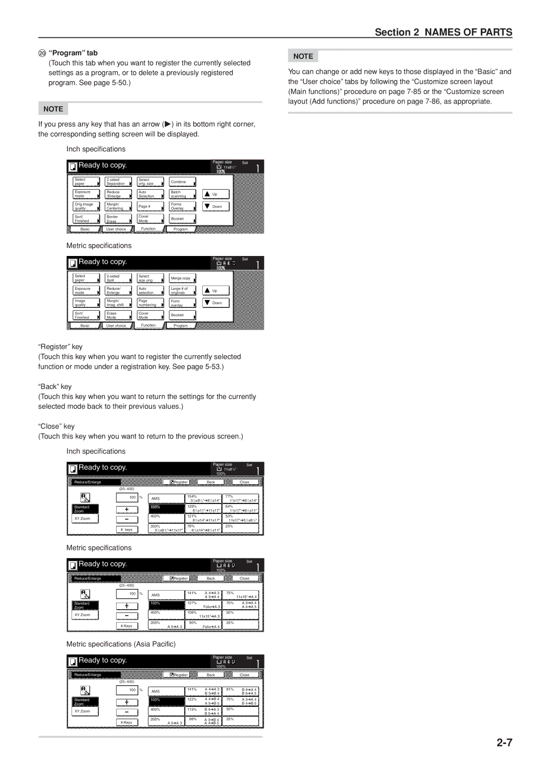 Kyocera 3035 manual ÒProgramÓ tab, Register key, Metric specifications Asia Pacific 