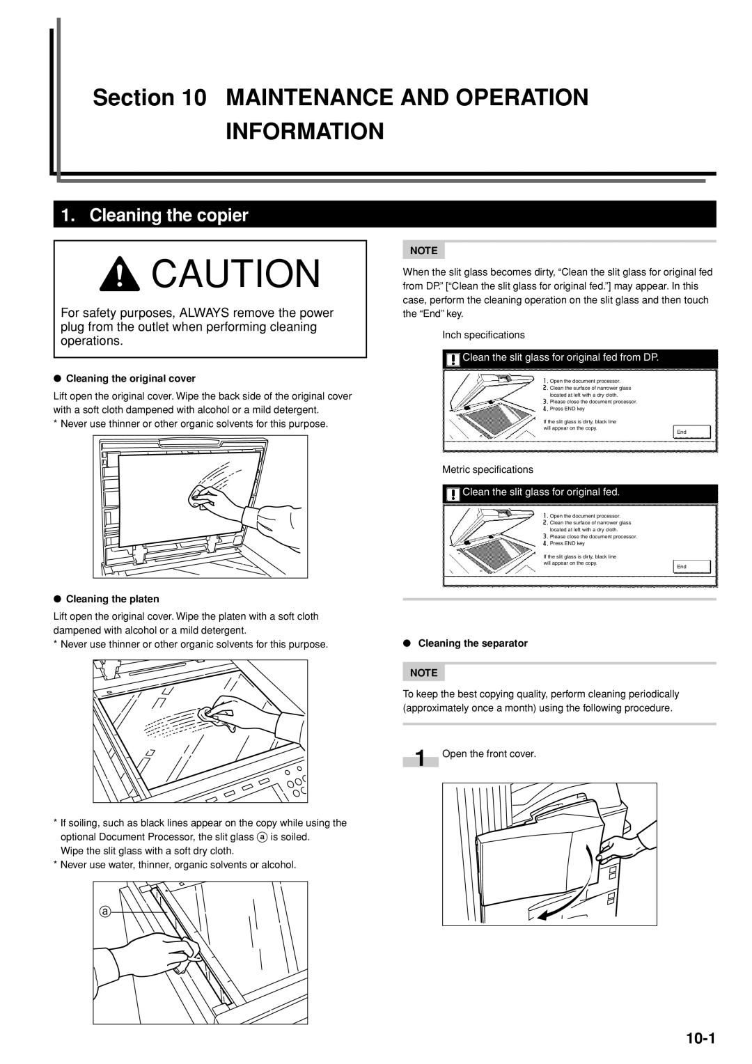 Kyocera 3035 manual Cleaning the copier, Cleaning the original cover, Cleaning the platen, Cleaning the separator 