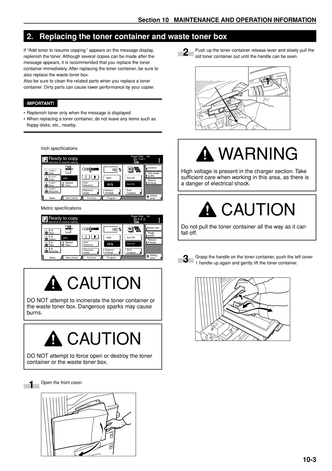 Kyocera 3035 manual Replacing the toner container and waste toner box, Open the front cover, Add toner to resume copying 