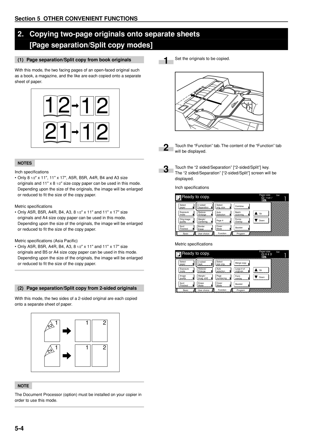 Kyocera 3035 manual Separation/Split copy from book originals, Separation/Split copy from 2-sided originals 