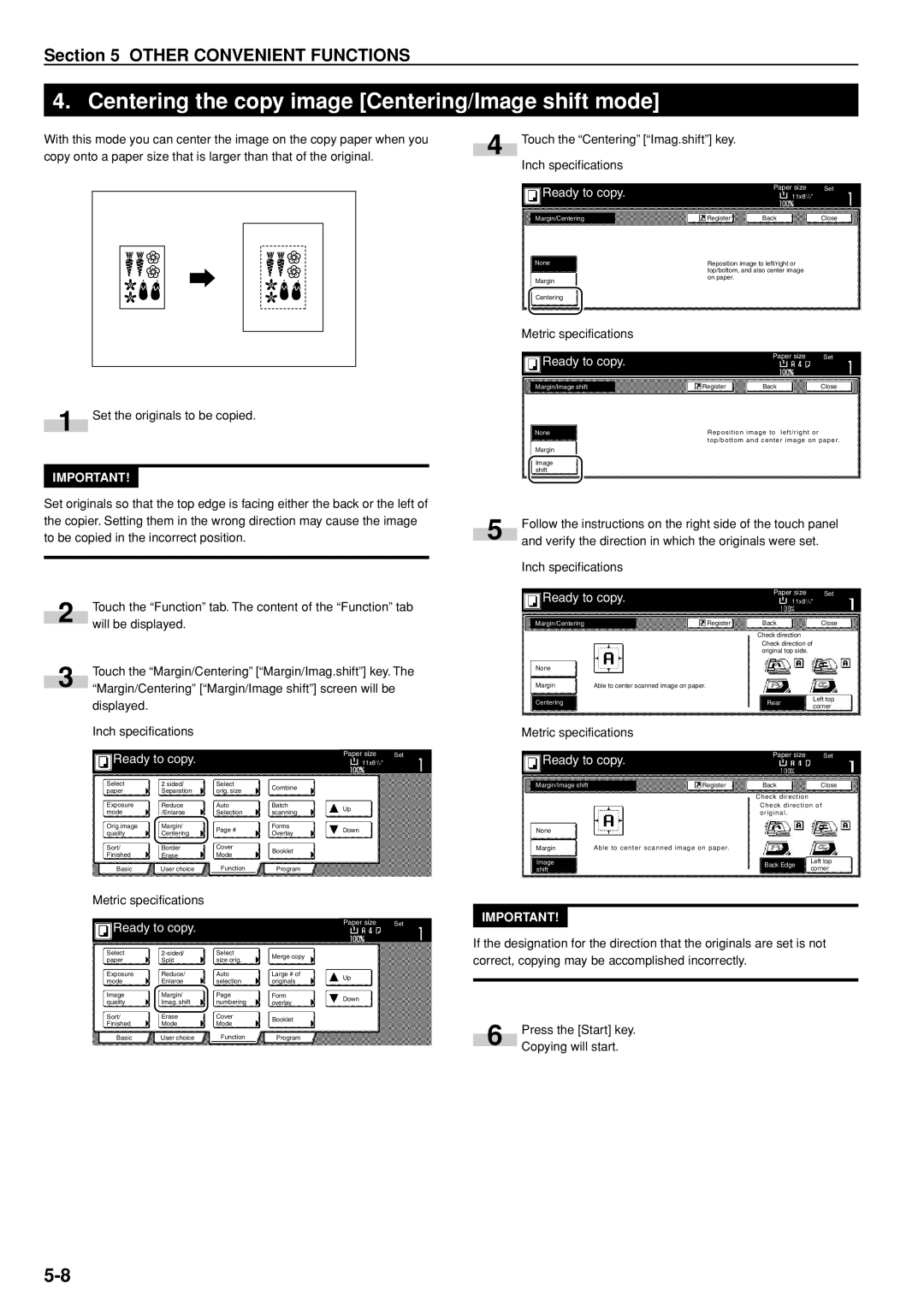 Kyocera 3035 Centering the copy image Centering/Image shift mode, Set the originals to be copied Metric specifications 