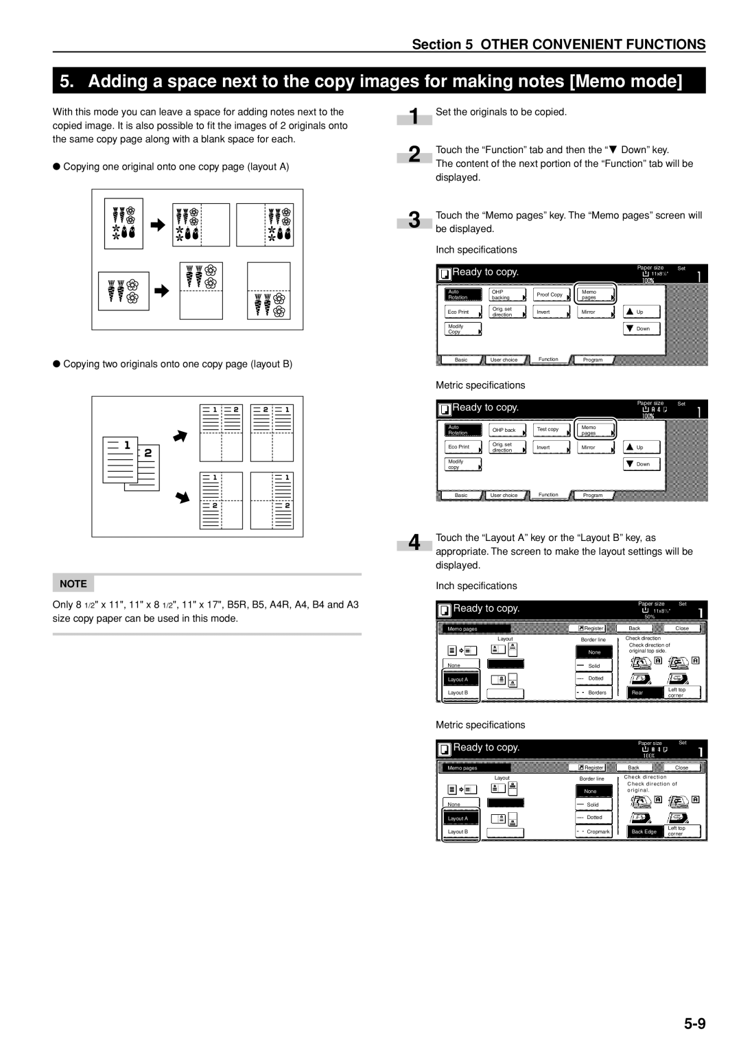 Kyocera 3035 manual Displayed Inch specifications, 11x81/2 Auto, 11x8 1 50% Memo pages, Layout a, Paper size Set Memo pages 