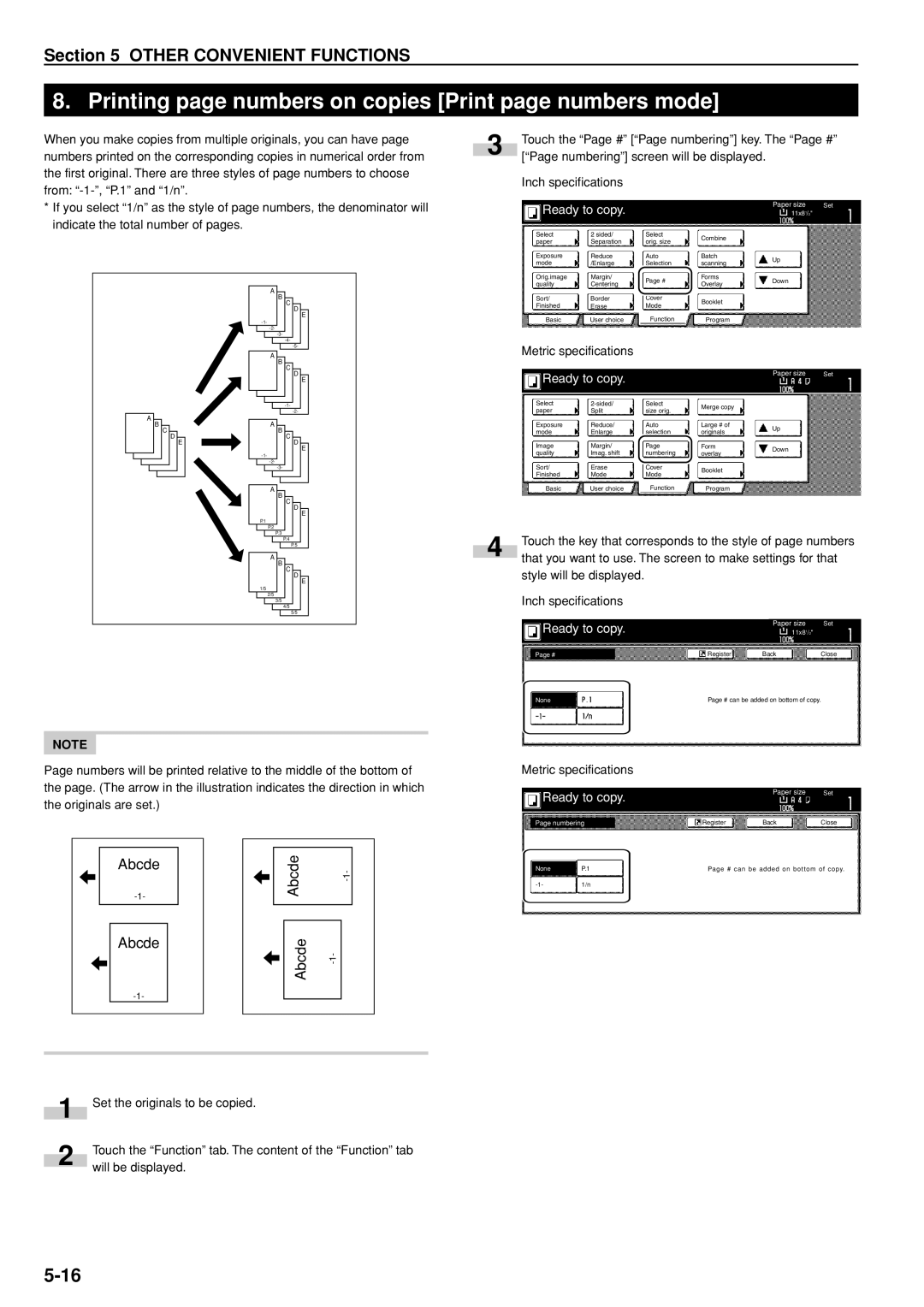 Kyocera 3035 manual Printing page numbers on copies Print page numbers mode, Style will be displayed. Inch specifications 