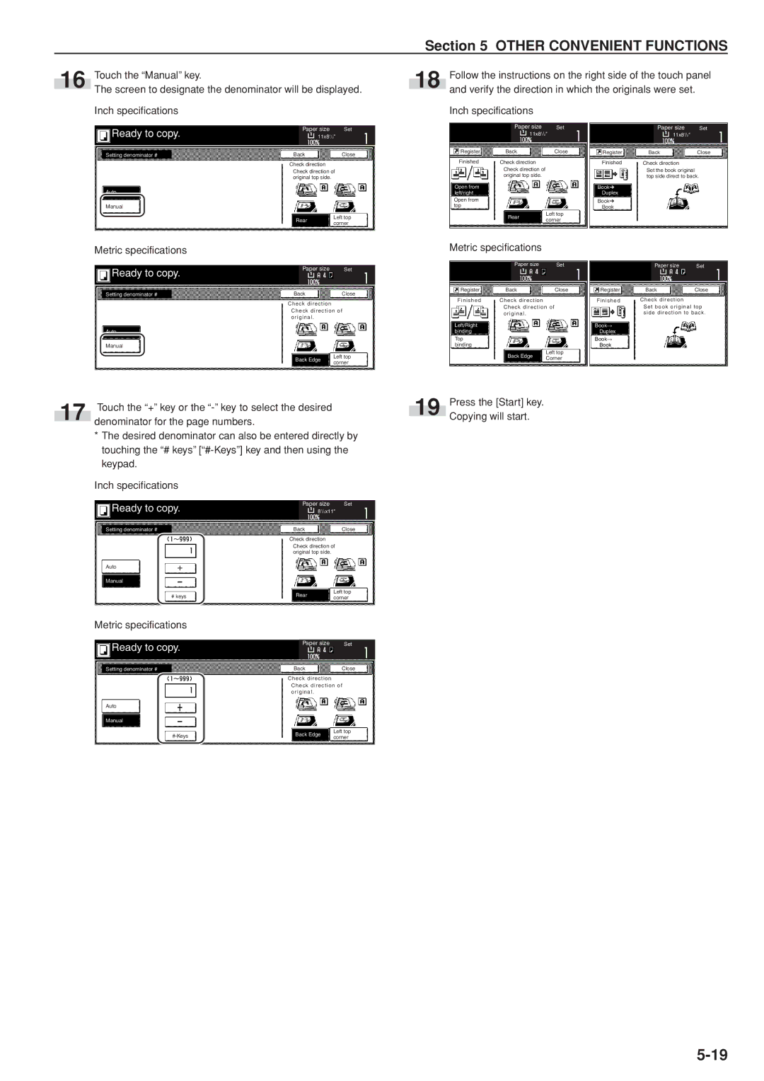 Kyocera 3035 manual Touch the Manual key, Setting denominator #, Book Duplex 