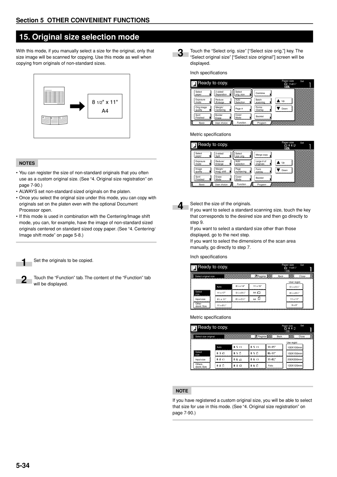 Kyocera 3035 manual Original size selection mode, 11x8 1 Select original size, Size, Paper size Set Select size original 