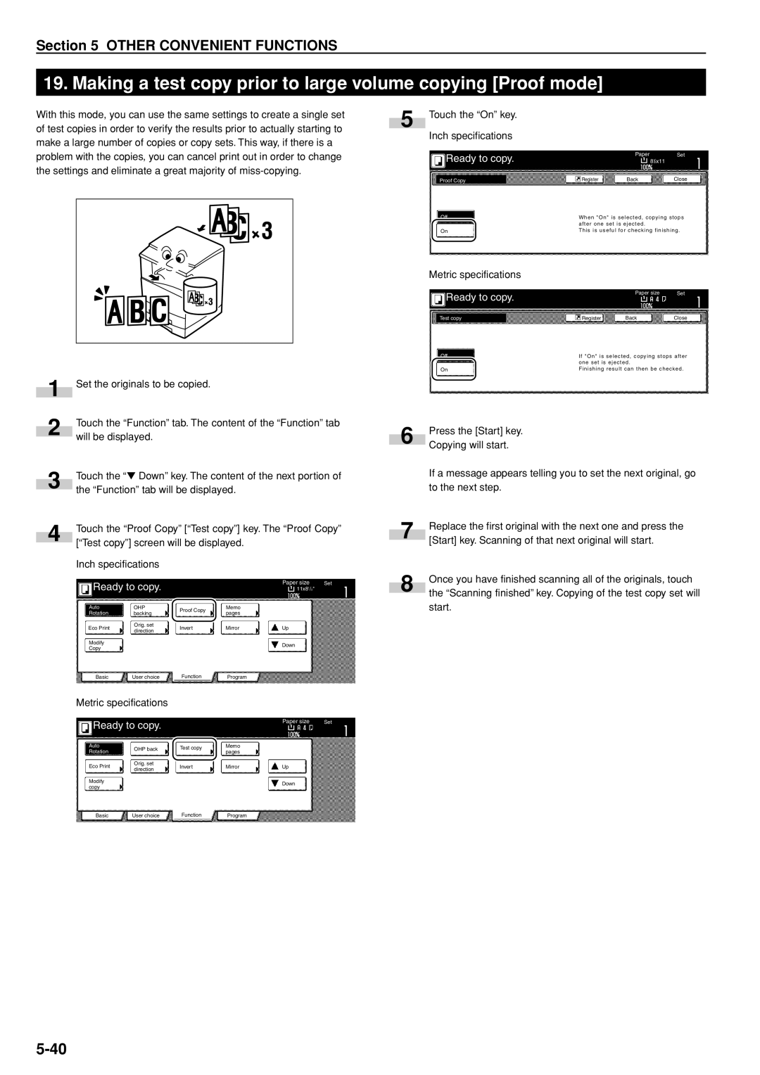 Kyocera 3035 manual Making a test copy prior to large volume copying Proof mode, Start, PaperSet 81/2x11, Proof Copy Off 