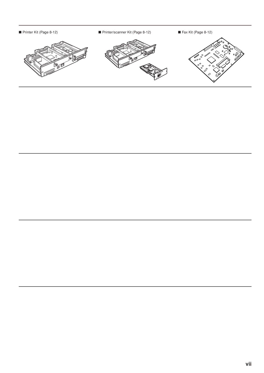 Kyocera 3035 manual Vii, Printer Kit Printer/scanner Kit Fax Kit 