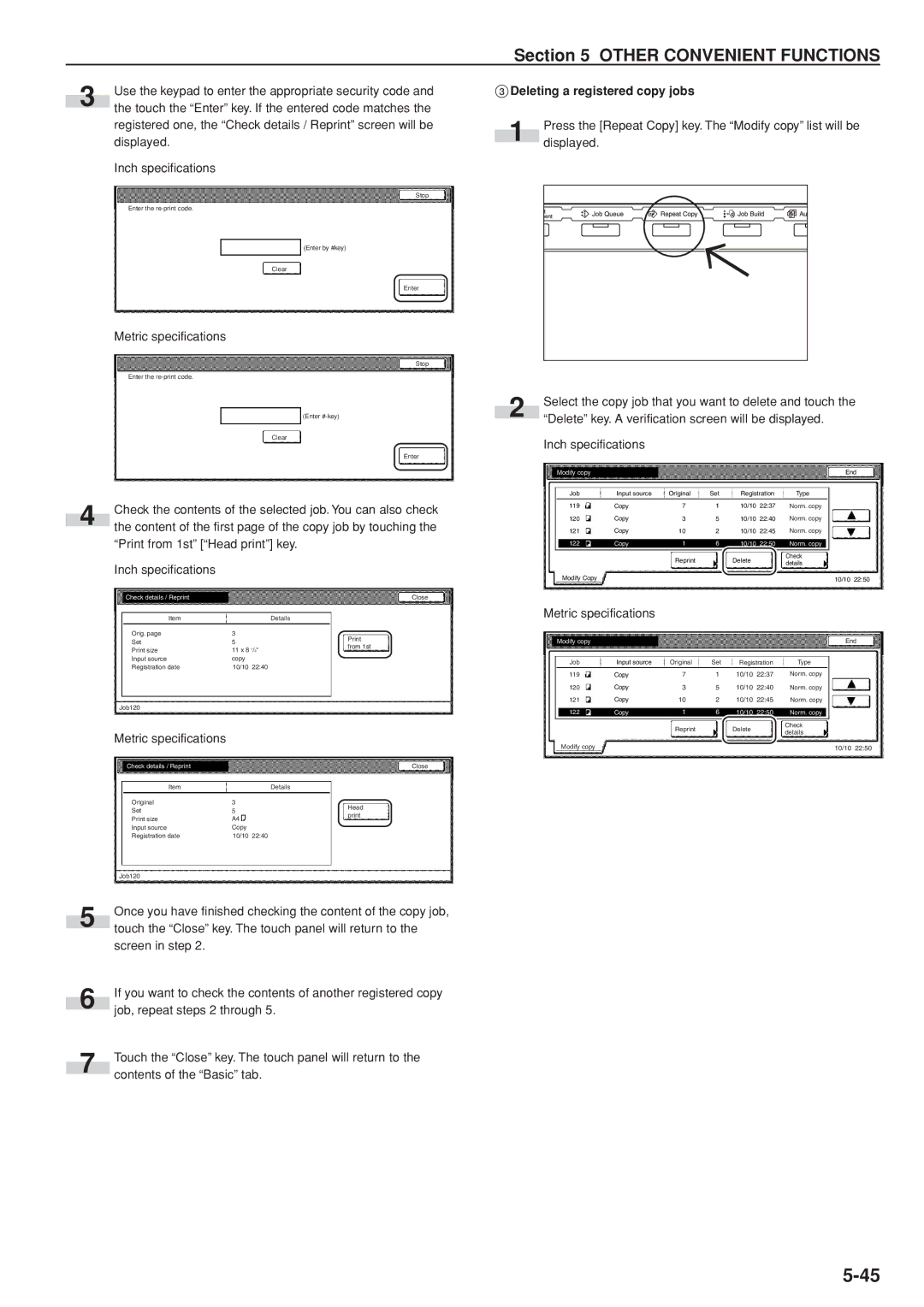 Kyocera 3035 Print from 1st Head print key Inch specifications, Deleting a registered copy jobs, Check details / Reprint 