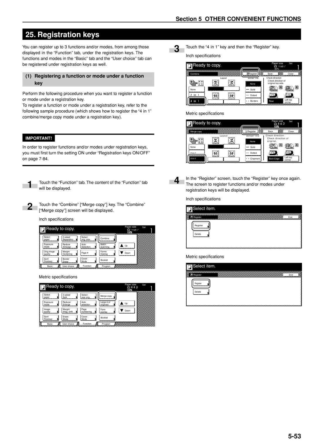 Kyocera 3035 manual Registration keys, Registering a function or mode under a function key, Select item 