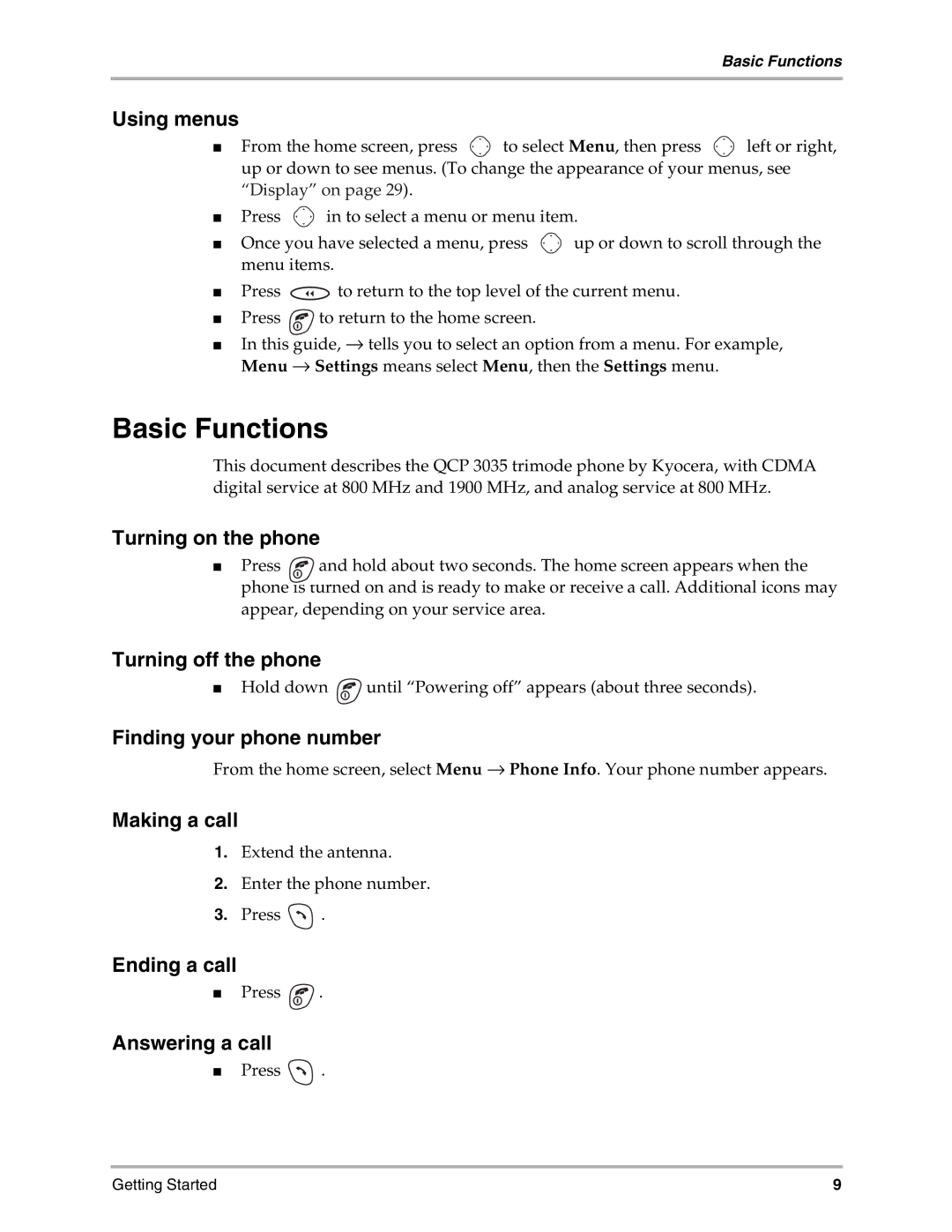 Kyocera 3035 manual Basic Functions 