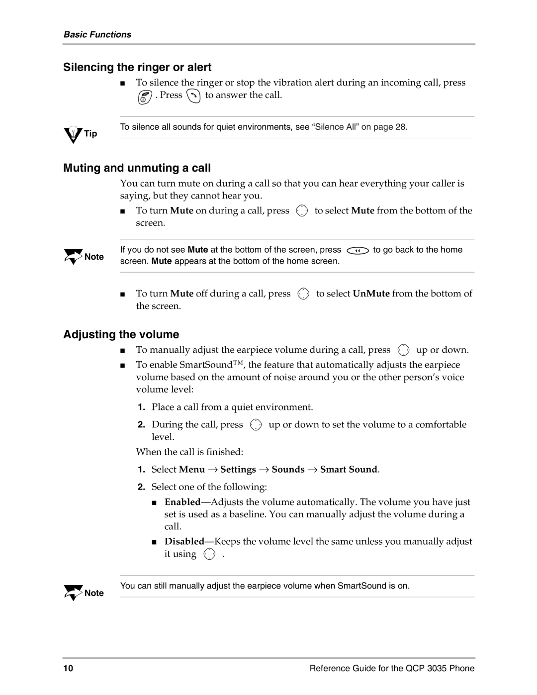 Kyocera 3035 manual Silencing the ringer or alert, Muting and unmuting a call, Adjusting the volume 