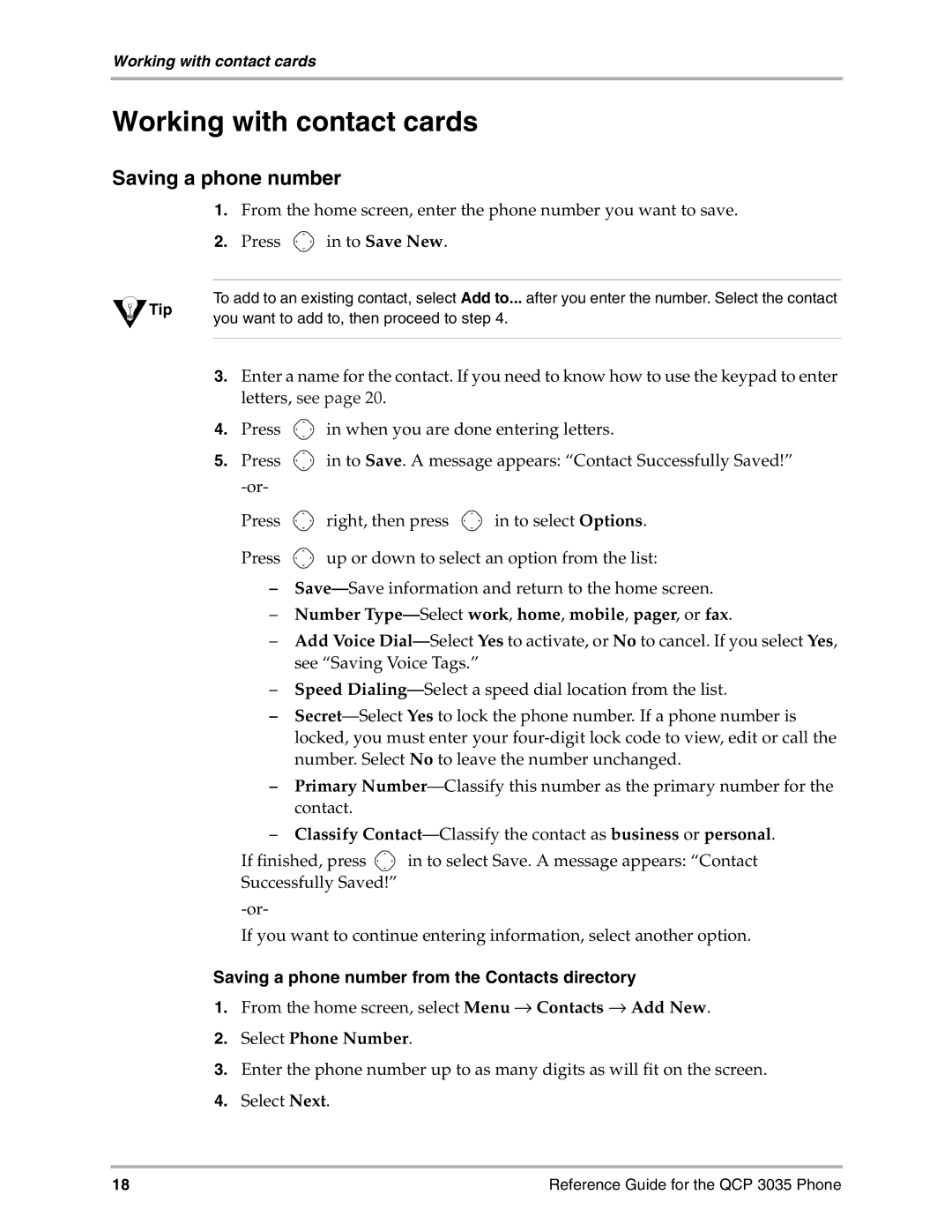 Kyocera 3035 manual Working with contact cards, Saving a phone number, Number Type-Selectwork, home, mobile, pager, or fax 