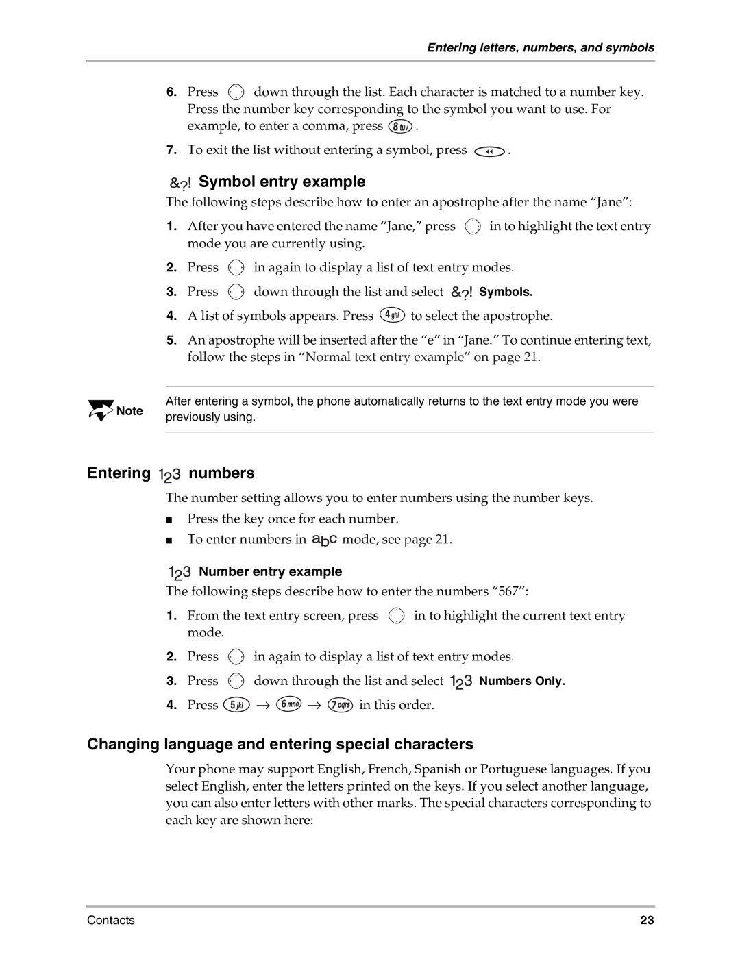 Kyocera 3035 manual Symbol entry example, Entering numbers, Changing language and entering special characters 