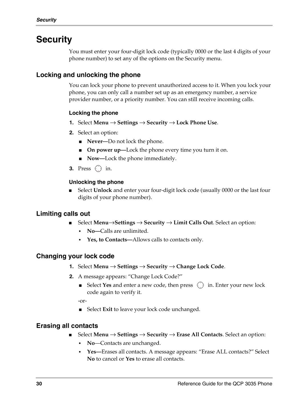 Kyocera 3035 Security, Locking and unlocking the phone, Limiting calls out, Changing your lock code, Erasing all contacts 